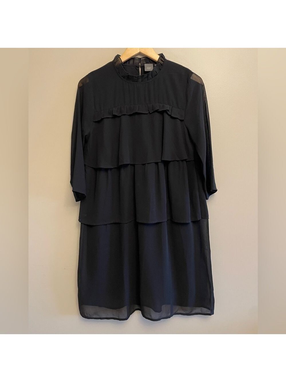 ICHI Black Ruffled Tiered Quarter Sleeve Mandarin Collar Blouse Size 36